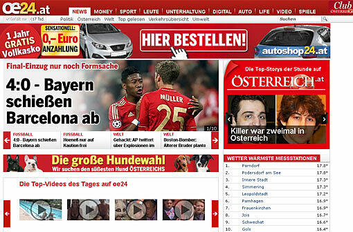 Der Blick zu unseren Nachbarn: Das österreichische Portal "oe24.at" zeigt natürlich ein Bild mit David Alaba.