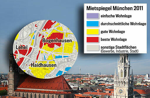Die Lage macht&rsquo;s: Je nach farblicher Markierung fällt auch die Grundmiete unterschiedlich hoch aus. Der Mietspiegel gilt ab 20. März 2013. Wohnen Sie in bester Lage? Einfach weiterklicken!