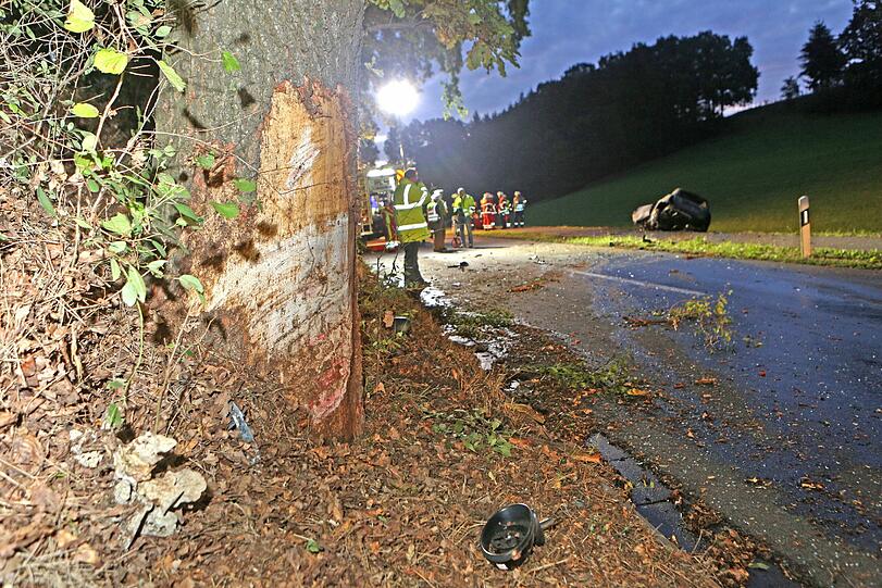 Zwei junge Männer sind mit ihrem Mini-Cooper frontal in einem Baum gekracht. Das Auto ging sofort in Flammen auf, die beiden 20-Jährigen verbrannten. Die Bilder.
