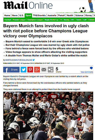 "Bayern München Fans vor dem Sieg gegen Olympiakos in Zusammenstöße mit Polizei involviert" - Daily Mail (UK)