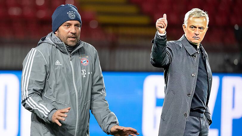 Mehr Gegensatz geht kaum: Hier der Menschenfänger, der Spielerflüsterer, der nette Hansi Flick &ndash; dort José Mourinho (r.), der Exzentriker mit dem riesigen Ego, aber auch drei Champions-League-Titeln.