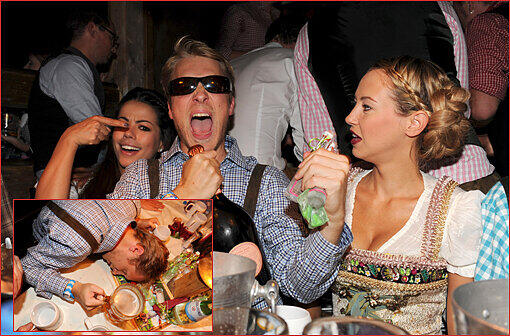 SAU-RAUSLASSER: Oliver Pocher feiert am mittleren Freitag mit seiner Frau Alessandra auf der Wiesn und haut dabei auf die Pauke.