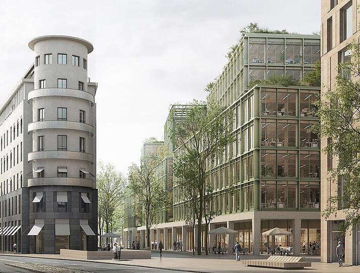 Geplant: Eigentlich soll ein großer Büro-Neubau an der Stelle gebaut werden. Vorne rechts: der neue Königshof.