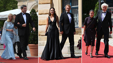 Markus Söder mit Frau (l.), Christian Lindner mit Freundin (m.) und Udo Wachtveitl mit Freundin: Viele Gäste der Bayreuther Festspiele kamen in Begleitung. Klicken Sie sich durch die Bilder vom Eröffnungstag.