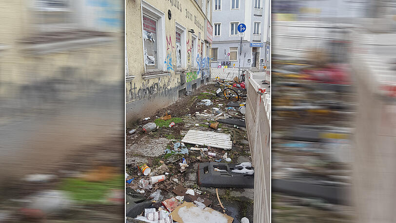 Müll und Dreck mitten im Viertel. Rund um den Riedwirt sieht es wüst aus.