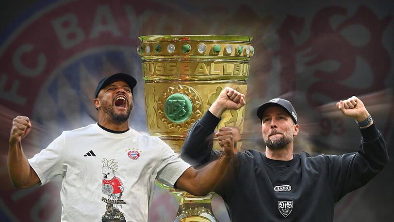 Wer holt sich den goldenen Pokal? Bayern-Trainer Vincent Kompany (l.) trifft auf Stuttgarts Sebastian Hoeneß. Wer holt sich den goldenen Pokal? Bayern-Trainer Vincent Kompany (l.) trifft auf Stuttgarts Sebastian Hoeneß.