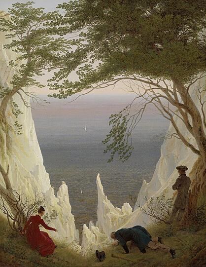 Caspar David Friedrichs Gemälde "Kreidefelsen auf Rügen" von 1818 zeigt drei Menschen bei ihrer sehr unterschiedlichen Erkundung der Natur.