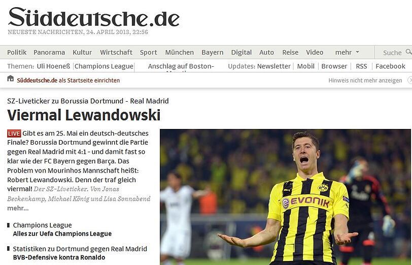 Ähnlich knapp schreibt "sueddeutsche.de": "Viermal Lewandowski".