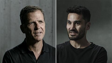 Unter anderem Ex-Teammanager Oliver Bierhoff (l.) und der ehemalige DFB-Kapitän İlkay Gündoğan kommen in der Doku "Die Nacht von Paris - Terror am Stade de France" zu Wort.