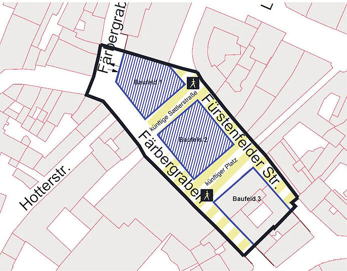 Grün schraffiert: Färbergraben und Fürstenfelder Straße sollen Fußgängerzone werden.