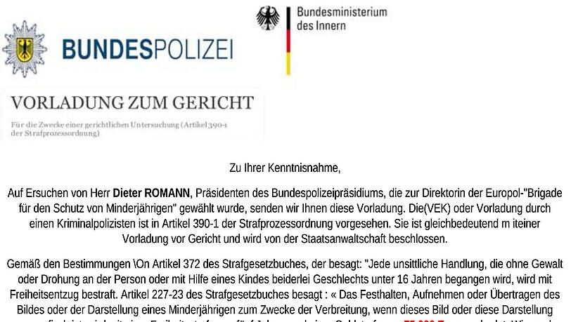 Vor dieser E-Mail warnt die Bundespolizei derzeit: Dabei handelt es sich um Betrug. Vor dieser E-Mail warnt die Bundespolizei derzeit: Dabei handelt es sich um Betrug.