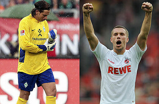 In der 16. Minute musste Tim Wiese von Werder Bremen gegen Nürnberg vom Platz. Lukas Podolski triumphierte im Derby gegen Leverkusen