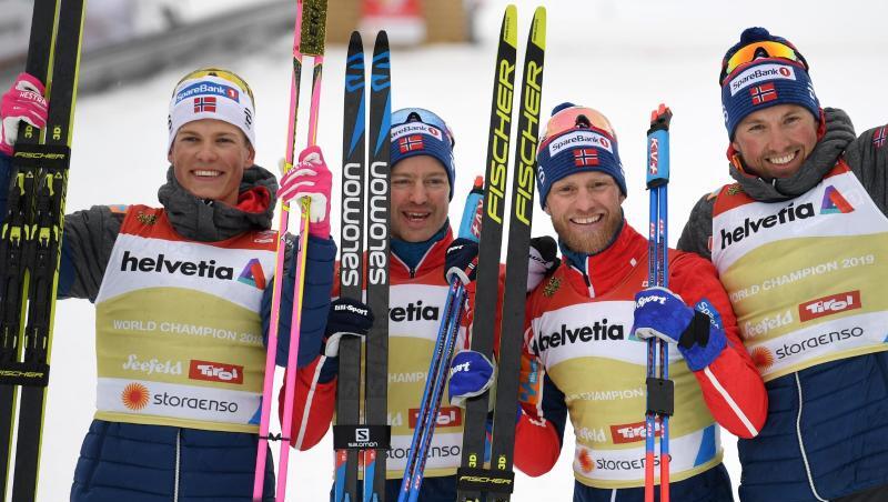 Die norwegischen Langläufer jubeln über den Sieg über 4 x 10 Kilometer in Seefeld. Die norwegischen Langläufer jubeln über den Sieg über 4 x 10 Kilometer in Seefeld.