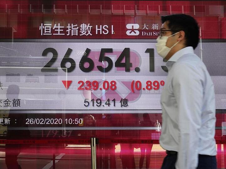 Ein Mann geht an einer Anzeigentafel der Hongkonger Börse vorbei. Wegen des Coronavirus rutschen auch Asiatische Aktien ab.