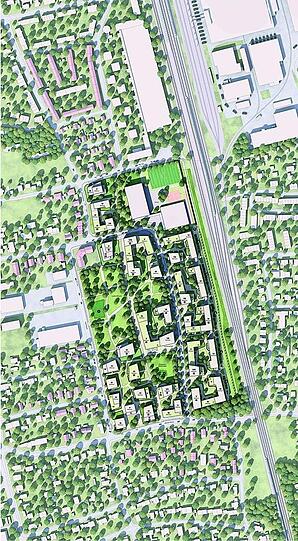 Das neue grüne Viertel entsteht links der Bahnlinie nach Dachau.