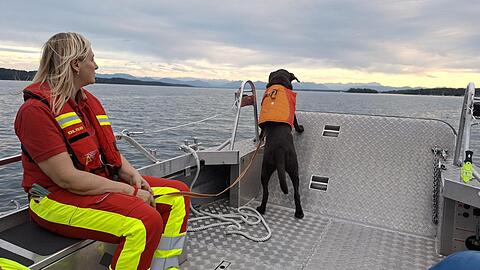 Labrador Lynes und seine Besitzerin Silvia Ruhdorfer werden von ihrem Bootsf&uuml;hrer auf den Starnberger See gefahren. Lynes soll dort den im Wasser versenkten Geruchstr&auml;ger erschn&uuml;ffeln.