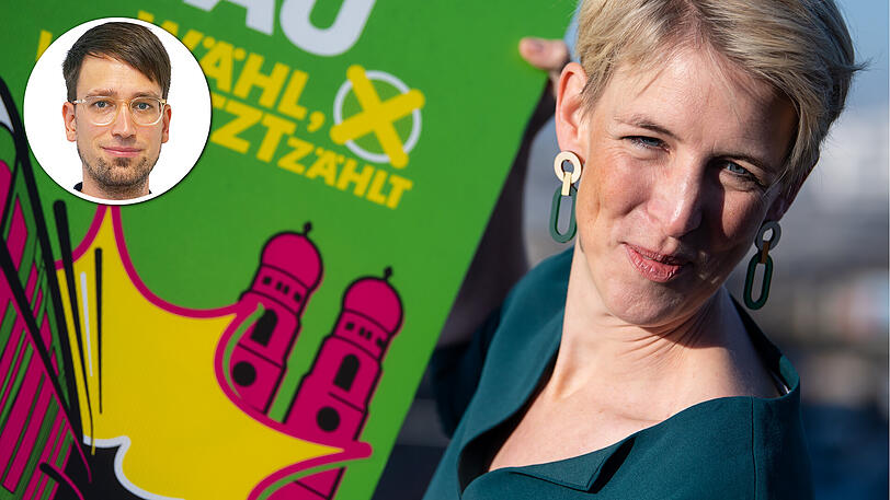 Katrin Habenschaden (Bündnis90/Die Grünen), Oberbürgermeisterkandidatin für die Kommunalwahl 2020, präsentiert ein Wahlplakat der Grünen für die Kommunalwahl 2020.