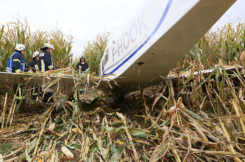 Ein einmotoriges Sportflugzeug landete nahe dem Flugplatz Mößling in einem Maisfeld: die Bilder von der Unfallstelle.