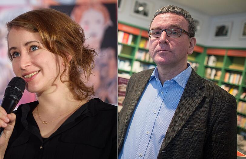 Margarete Stokowski (l.) liest nicht in der Buchhandlung Lehmkuhl bei Geschäftsführer Michael Lemling (r.).(Archivbild)