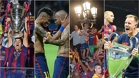 Ausgelassen feiert der FC Barcelona feiert seinen 3:1-Sieg über Juventus Turin in Champions-League. Die Bilder der Fußball-Party.