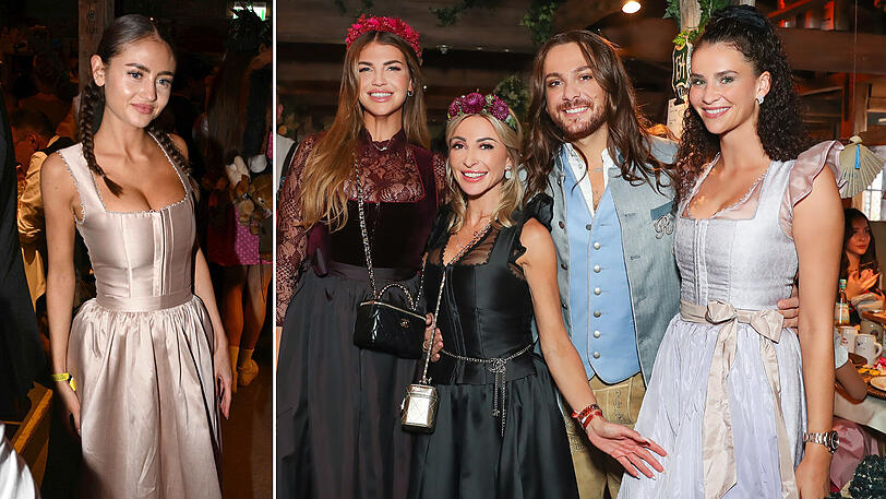 Gastgeberin Kinga Mathe freut sich, dass Leni Klum (li.) abends in einem Dirndl ihrer Kollektion ins Käfer kommt...