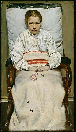 Christian Krohg: Krankes Mädchen, 1880 &ndash; 1881, Öl/Holz, 102 x 58 cm aus dem National Museum of Art, Architecture and Design, Oslo.