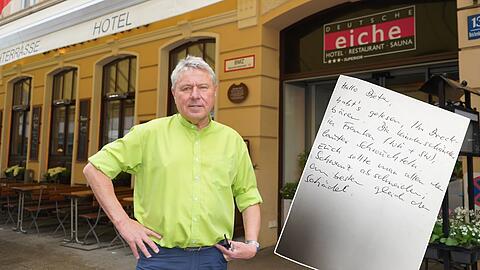 Dietmar Holzapfel, Wirt der Deutschen Eiche, wurde von einem Unbekannten per Postkarte bedroht.