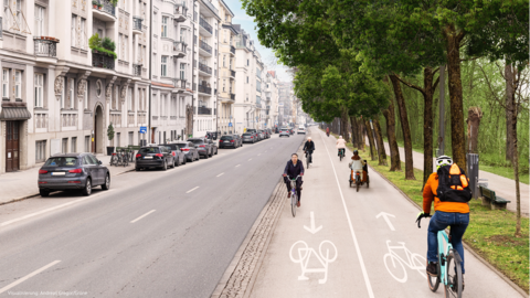 Die Visualisierung zeigt, wie der Radweg an der Widenmayerstra&szlig;e umgesetzt werden kann