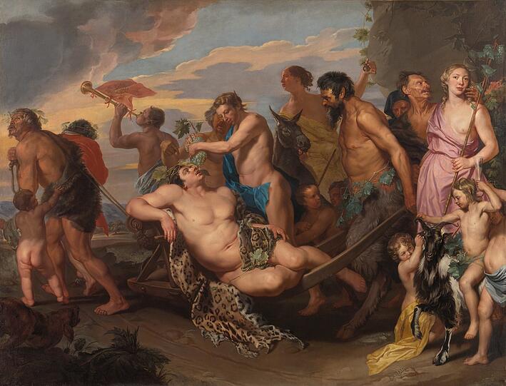 Viel nackte Haut ist auf Michaelina Wautiers Hauptwerk „Triumph des Bacchus“ zu sehen. Die Künstlerin muss irgendwo Akte studiert haben. Und der Triumph ist auch ein kurioser: Der weinselige Gott wird auf der Schubkarre gefahren und bekommt gleich noch saftigen Nachschub. Rechts oben hat sich die Künstlerin als Mänade mit entblößter Brust gemalt. Oder nicht eher als Amazone?