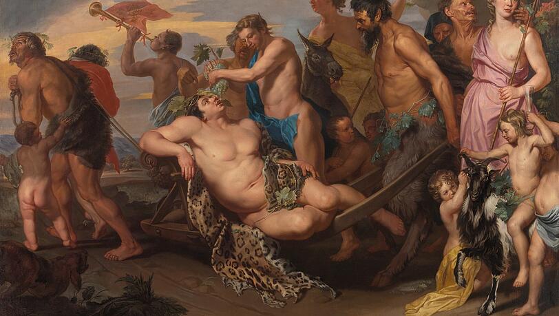 Viel nackte Haut ist auf Michaelina Wautiers Hauptwerk „Triumph des Bacchus“ zu sehen. Die Künstlerin muss irgendwo Akte studiert haben. Und der Triumph ist auch ein kurioser: Der weinselige Gott wird auf der Schubkarre gefahren und bekommt gleich noch saftigen Nachschub. Rechts oben hat sich die Künstlerin als Mänade mit entblößter Brust gemalt. Oder nicht eher als Amazone?