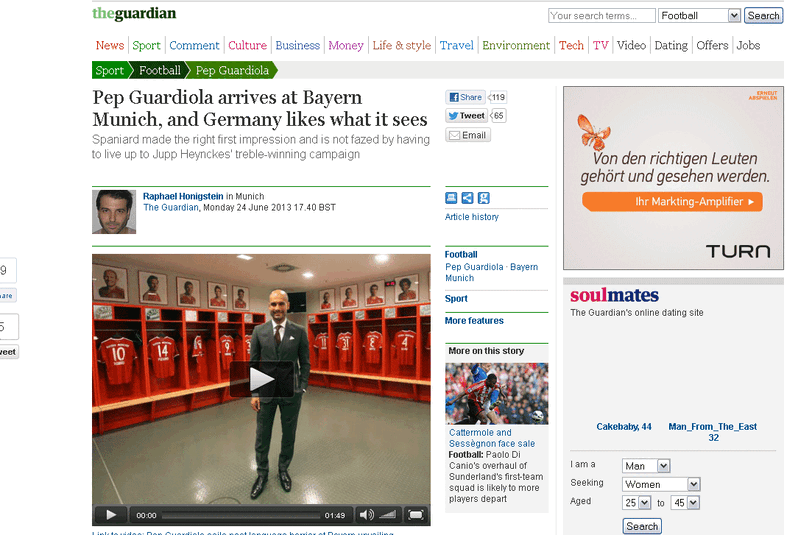 Guardian: `Guardiola stellt sich bei den Bayern vor &ndash; und 
Deutschland gefällt, was es sieht. Pep hinterlässt den richtigen 
ersten Eindruck, mit guter Laune und einer gewinnenden Aura."