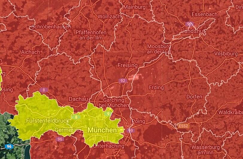 Blutrot: FSME-Hochrisikogebiete in Bayern - nur der Raum München, Germering und Fürstenfeldbruck ist davon noch ausgenommen.