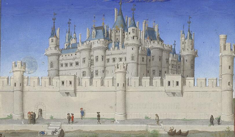 Die Brüder Limburg müssen eine ziemlich ruhige Hand gehabt haben, denn dieses Schloss vom Oktoberblatt aus den „Très Riches Heures“ muss man stark vergrößern, um die winzigen Menschen vor den Schlossmauern zu erkennen - beim Ratschen, Flanieren und Arbeiten.