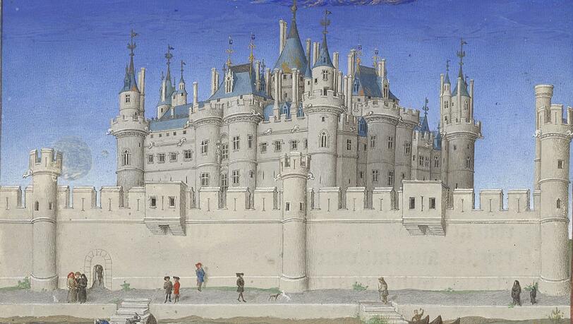 Die Brüder Limburg müssen eine ziemlich ruhige Hand gehabt haben, denn dieses Schloss vom Oktoberblatt aus den „Très Riches Heures“ muss man stark vergrößern, um die winzigen Menschen vor den Schlossmauern zu erkennen - beim Ratschen, Flanieren und Arbeiten.