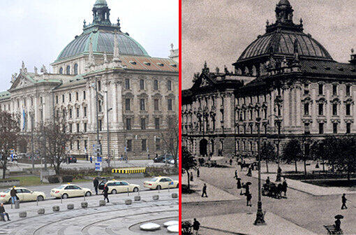 Brunnen statt Kreuzung: Der Justizpalast an der Prielmayerstraße ist standhaft geblieben &ndash; die Umgebung hat sich gewaltig verändert.