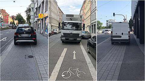 Autos und Lieferwagen, die auf dem Radweg parken und so zur Gefahr für Radler und Fußgänger werden können. Solche Situationen sind in ganz München zu beobachten.