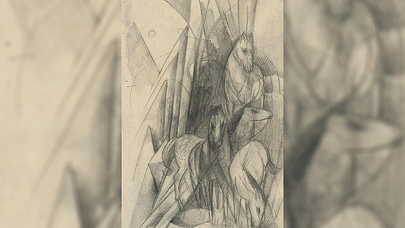 Franz Marc (1880&ndash;1916): "Fragment (Gruppe von vier Pferden)", Einzelblatt aus dem "Skizzenbuch aus dem Felde" aus dem Jahr 1915.