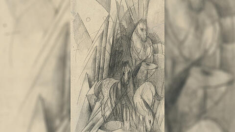Franz Marc (1880&ndash;1916): "Fragment (Gruppe von vier Pferden)", Einzelblatt aus dem "Skizzenbuch aus dem Felde" aus dem Jahr 1915.