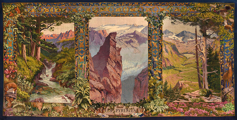 Edmond Yarz (1846&ndash;1921): Die Pyrenäen aus der Serie Provinzen und Städte Frankreichs, 1924, Manufacture des Gobelins, 372 × 771 cm, Wolle, Seide, Sammlung Mobilier national