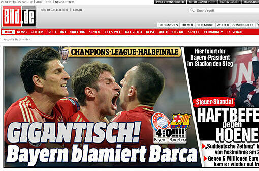 So feiert die deutsche Presse den Sieg des FC Bayern im Hinspiel der Champions League gegen Barcelona. Die Bild: "Bayern blamiert Barca."