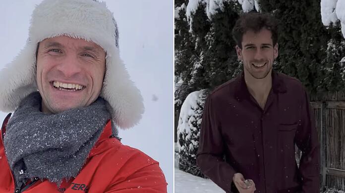 Thomas Müller und Leon Goretzka machen sich einen Spaß aus dem Schnee-Chaos in München.