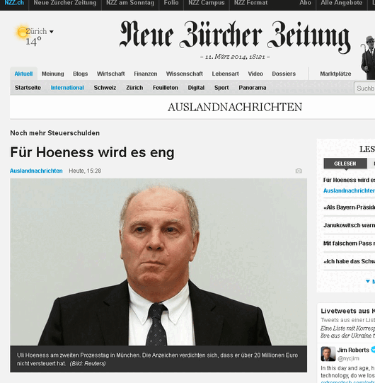 In der Wahlheimat der Hoeneß-Millionen wird der Prozess ebenfalls aufmerksam verfolgt. Die NZZ dazu: " Für Hoeneß wird's eng".