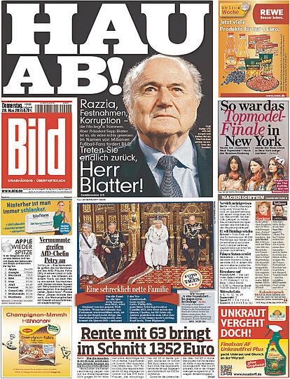 "Hau ab, Blatter": Die Bild-Zeitung kommt nach dem FIFA-Skandal direkt daher.
