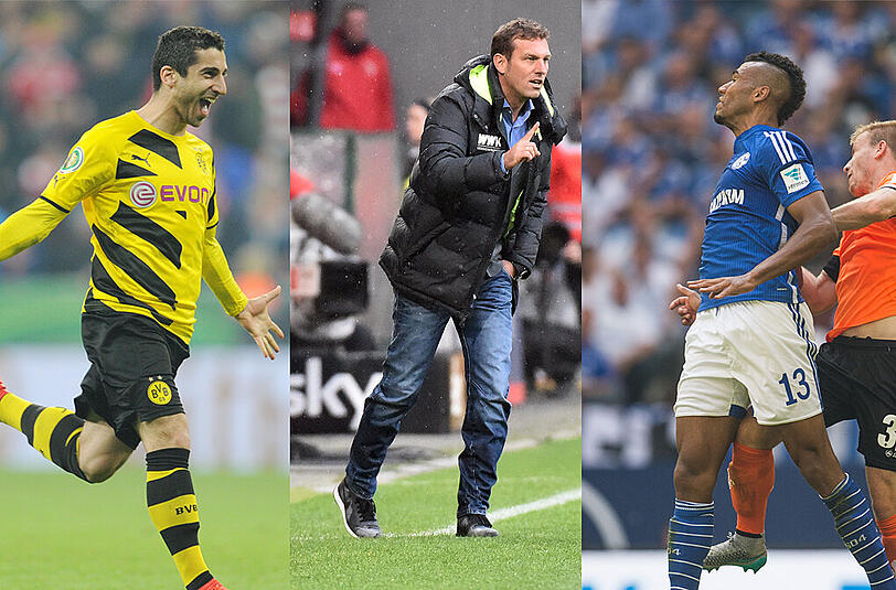Der BVB ohne Henrich Mchitarjan (links), der FC Augsburg will mit Trainer Markus Weinzierl (Mitte) die ersten Punkte und der Schalker Eric Maxim Choupo-Moting (rechts) soll einen S04-Torjäger ersetzen.