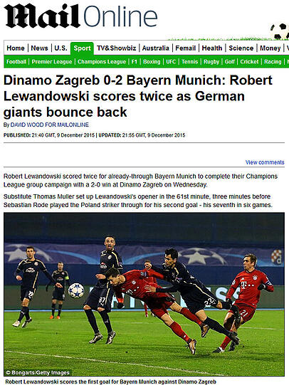 Das Englische Portal Mail Online:"Robert Lewandowski trifft zwei Mal bei der Rückkehr des deutschen Giganten"