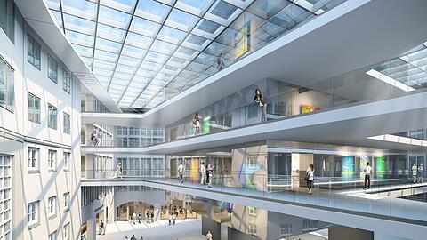 Zwischen den Gebäudetrakten des Stadtmuseums soll ein überdachtes Atrium und damit ein großzügiger Treffpunkt entstehen. Von hier aus gewinnt man einen Überblick über die durch Stege verbundenen Sammlungen.