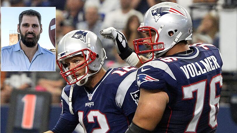 Auf dem Feld sein Beschützer, abseits davon sein Freund: Superstar Tom Brady (l.) und Sebastian Vollmer (re.) verstehen sich sehr gut.