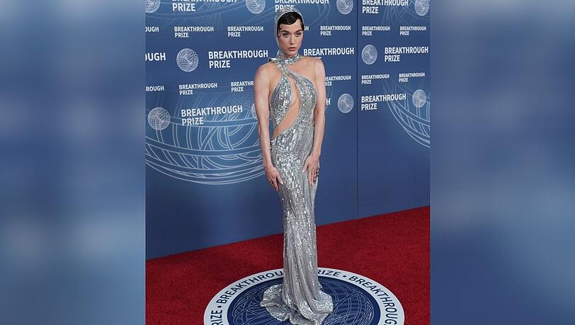 Das eng geschnittene und bodenlange Kleid von Katy Perry bot viele Hingucker: Metallic-Glanz, Cape und einen extravaganten Ausschnitt.