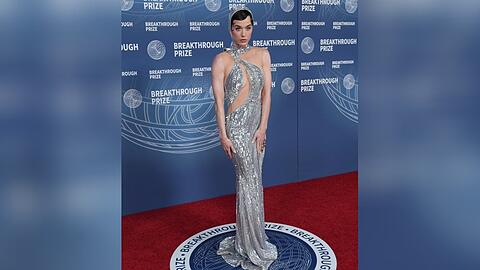 Das eng geschnittene und bodenlange Kleid von Katy Perry bot viele Hingucker: Metallic-Glanz, Cape und einen extravaganten Ausschnitt.
