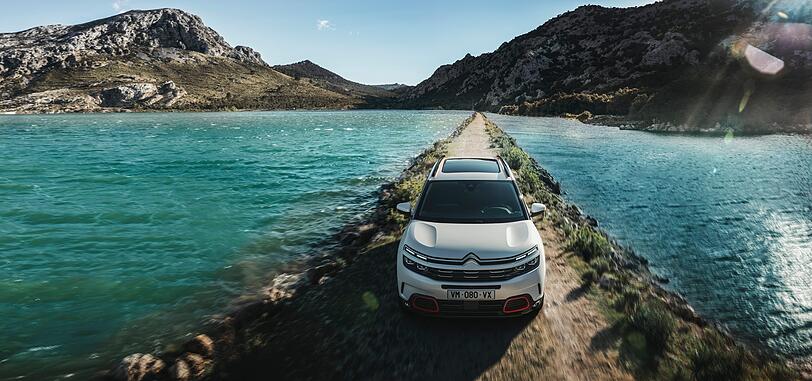 Die hohe Motorhaube mit dem langgezogenen Doppelwinkel und die farblichen Akzente sind typisch Citroen.